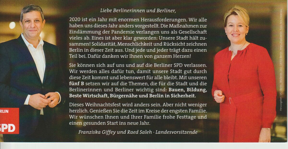 Weihnachtsgruß von Franziska Giffey und Raed Saleh